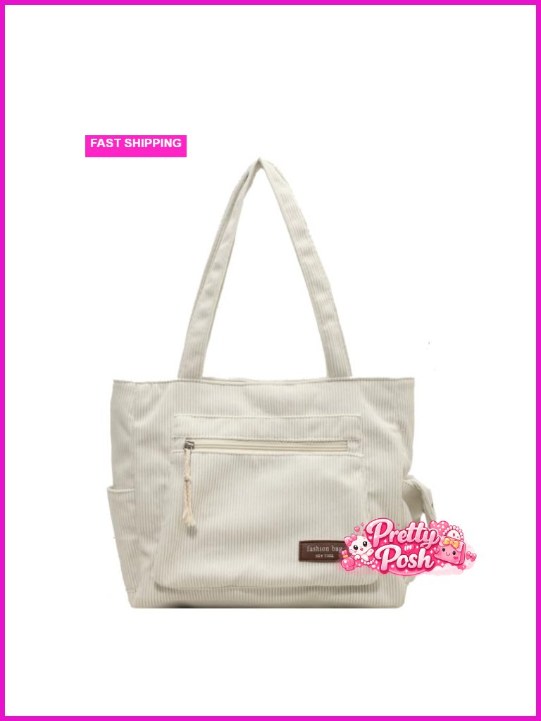 Corduroy Tote Bag With Multi Pockets Zipper Shoulder Bag Book Tote Work Travel